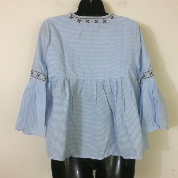 Anthro Moon River Pinstripe Embroidered Top M - Picture 9 of 13